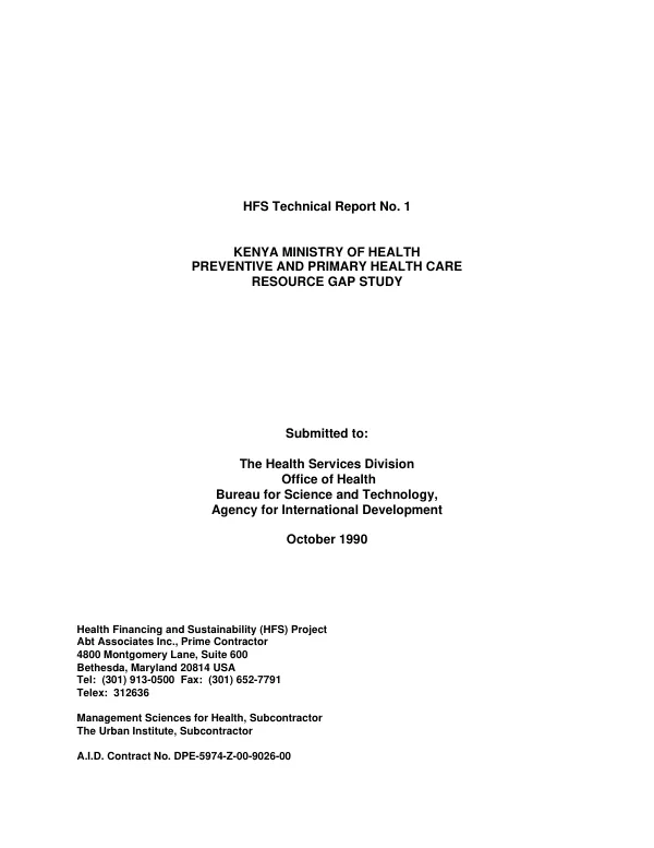 Kenya Ministry of Health, preventive and primary health care resource gap study