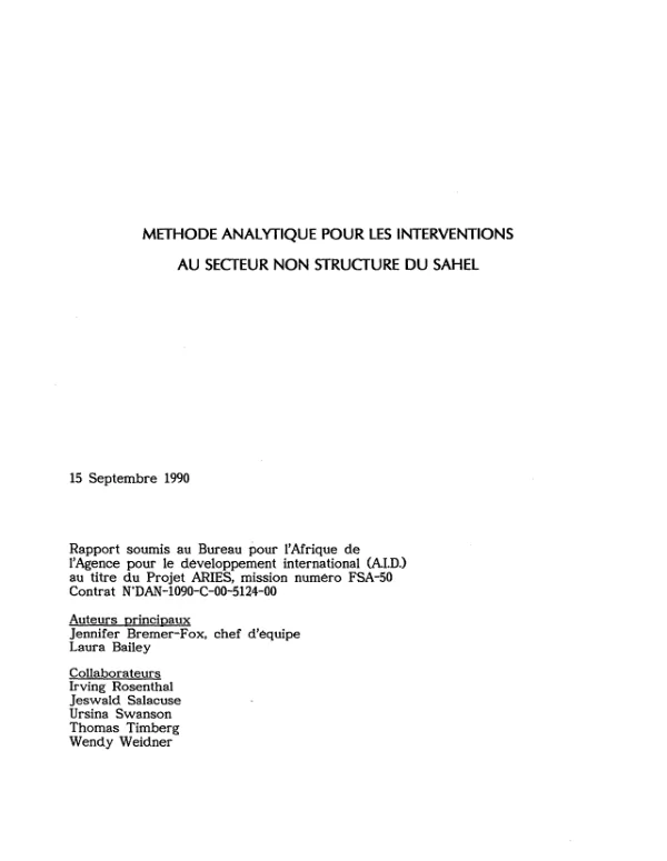 ARIES : methode analytique pour les interventions au secteur non structure du Sahel -- rapport final