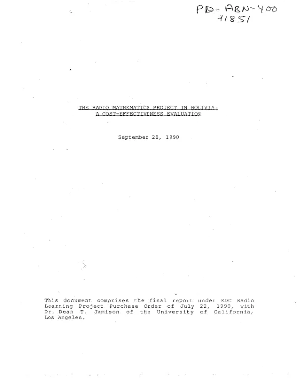 Radio mathematics project in Bolivia : a cost-effectiveness evaluation