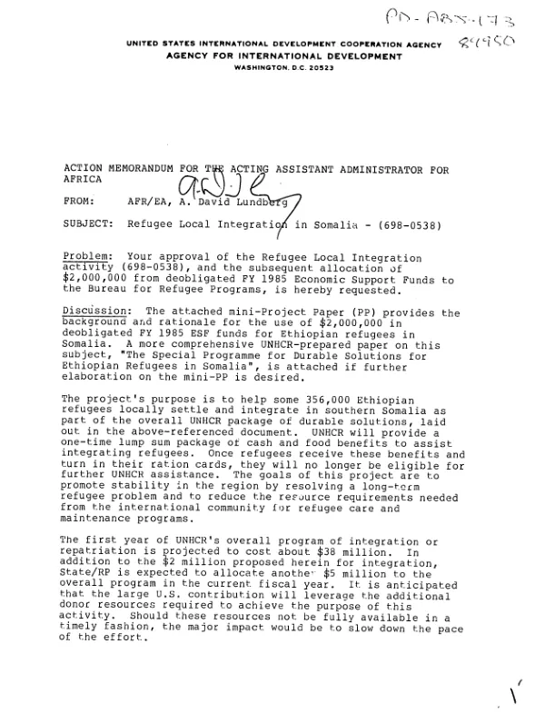 Action memorandum for the Acting Administrator for Africa : refugee local integration in Somalia (698-0538)