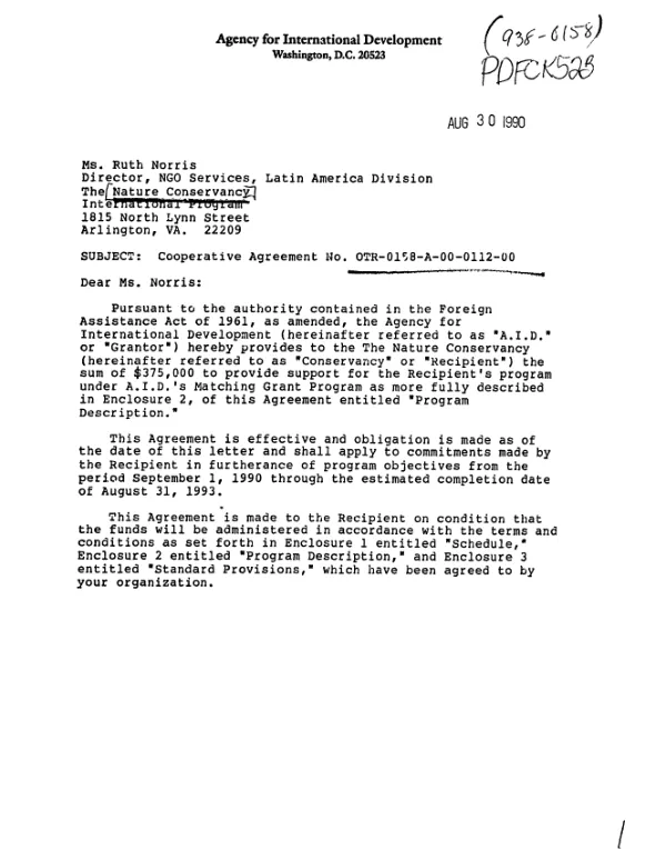 AID cooperative agreement no. OTR-0158-A-00-0112-00 with The Nature Conservancy for a project to support biodiversity conservation program of PVO"s on Latin America and Caribbean countries