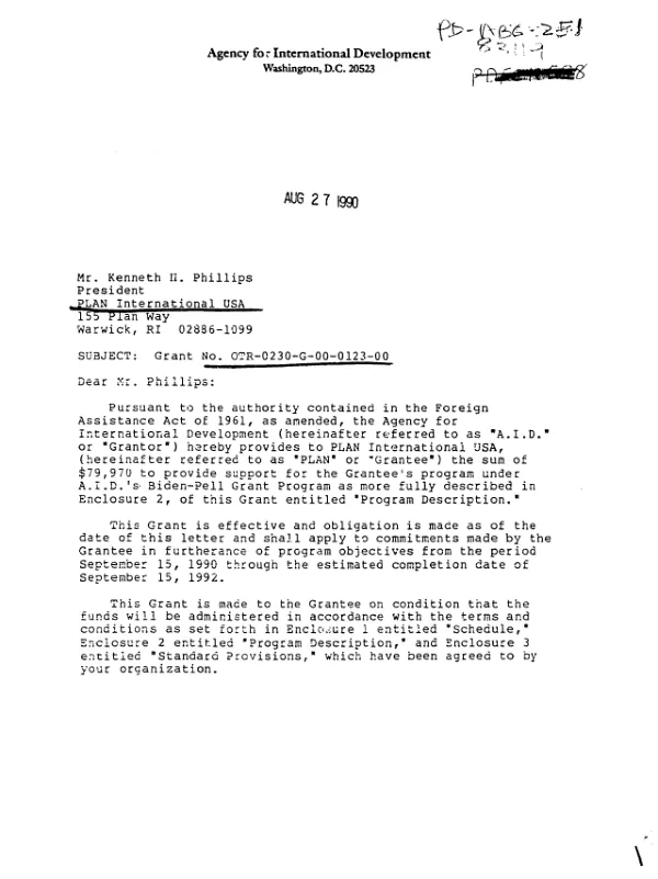 AID grant no. OTR-0230-G-00-0123-00 to PLAN International USA to assist the grantee to educate the public about Third World hunger and poverty through 50 - piece free - standing exhibits to be presented in public libraries