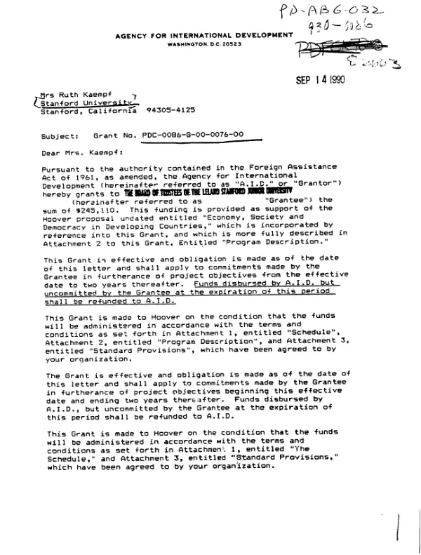 AID grant no. PDC-0086-G-00-0076-00 to the Board of Trustees of the Leland Stanford Junior University to provide support for the Hoover proposal (undated) entitled `economy, society and democracy in developing countries"