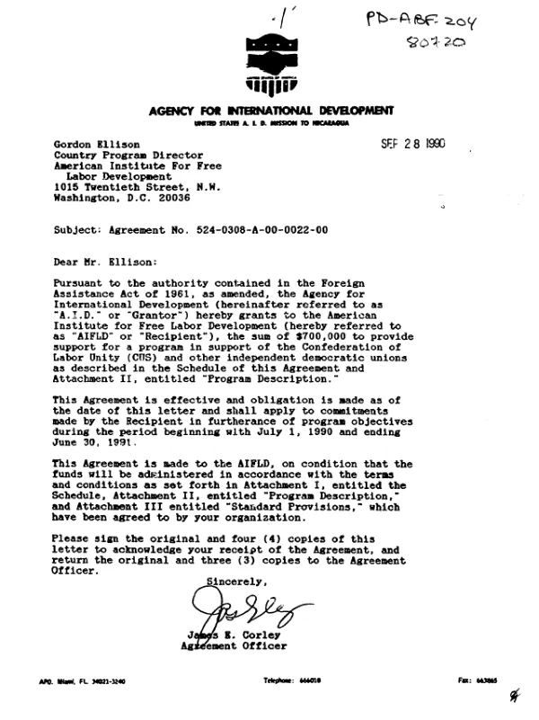 AID cooperative agreement no. 524-0308-A-00-0022-00 with the American Institute for Free Labor Development for a program in support of the Confederation of Labor Unity (CUS) and other independent democratic unions