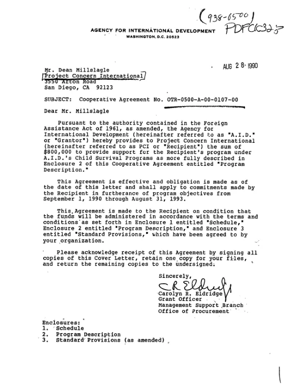 AID cooperative agreement no. OTR-0500-A-00-0107-00 with Project Concern International to support a child survival project in Morobe Province, Papua New Guinea