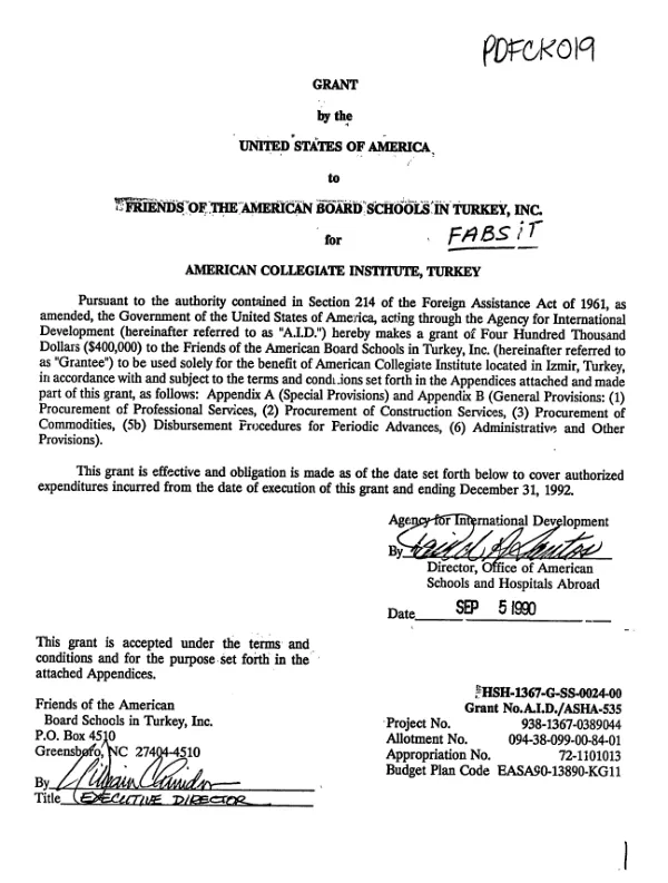 Grant by the United States of America to Friends of the American Board Schools in Turkey, Inc. for American Collegiate Institute, Turkey