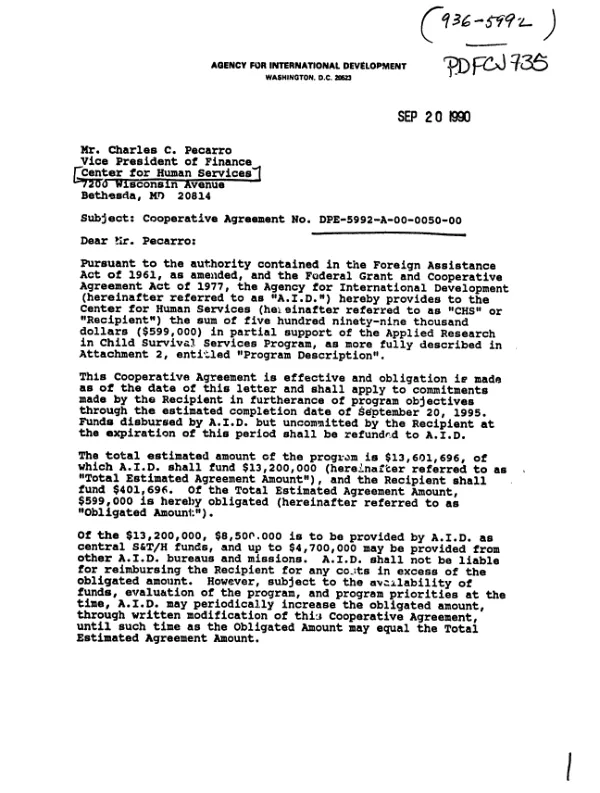 AID cooperative agreement no. DPE-5992-A-00-0050-00 with the Center for Human Services for an applied research in Child Survival Services Program
