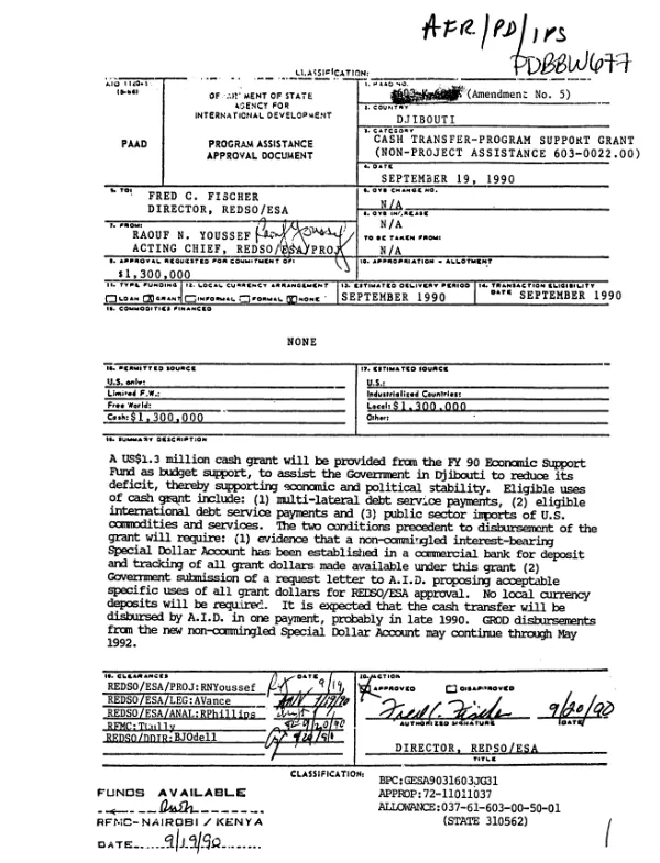 Djibouti : cash transfer program support grant (non-project assistance 603-0022.00) -- amendment no. 5