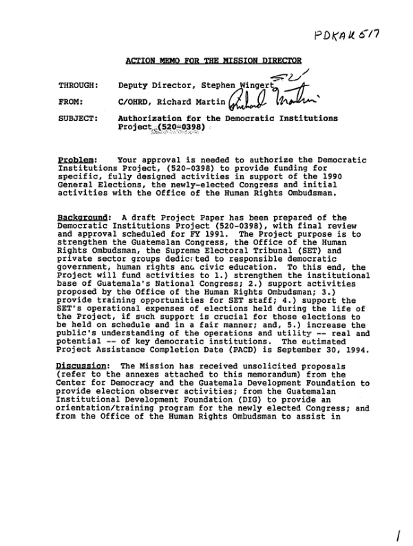 Authorization for the democratic institutions project (520-0398)