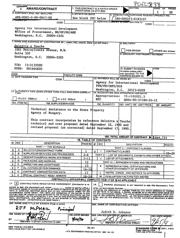 AID contract no. ANE-0002-C-00-0047-00 to Deloitte and Touche to assist with the newly formed privatization vehicle the National Property Agency of Hungary