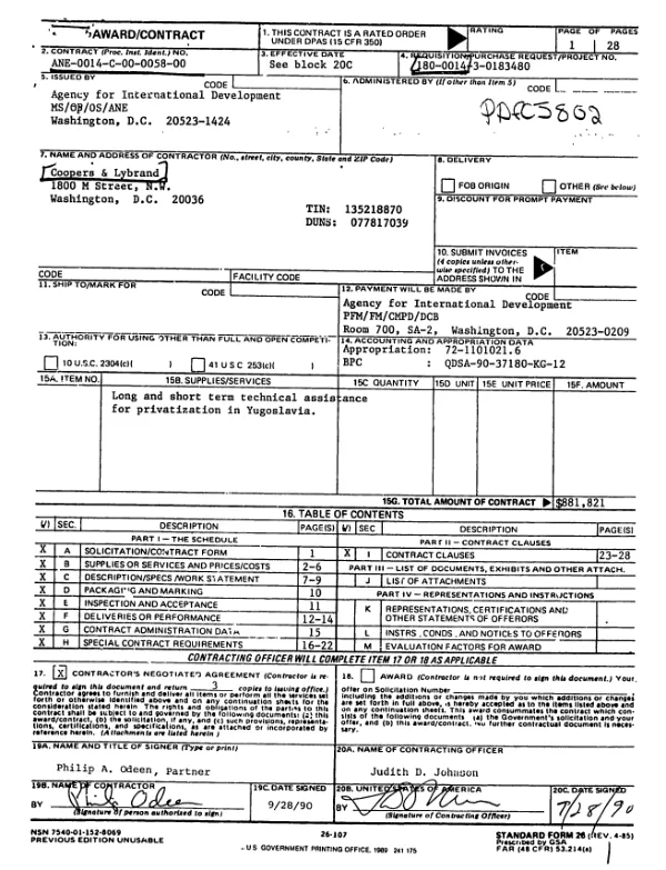 AID contract no. ANE-0014-C-00-0058-00 with Coopers and Lybrand for technical assistance in enterprise restructuring and privatization to the Yugoslav government