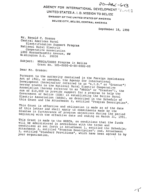 AID NRECA/CARES program in Belize grant no. 505-0000-G-00-0002-00 to National Rural Electric Cooperative Association for a program to help establish the Belize Rural Electric Association