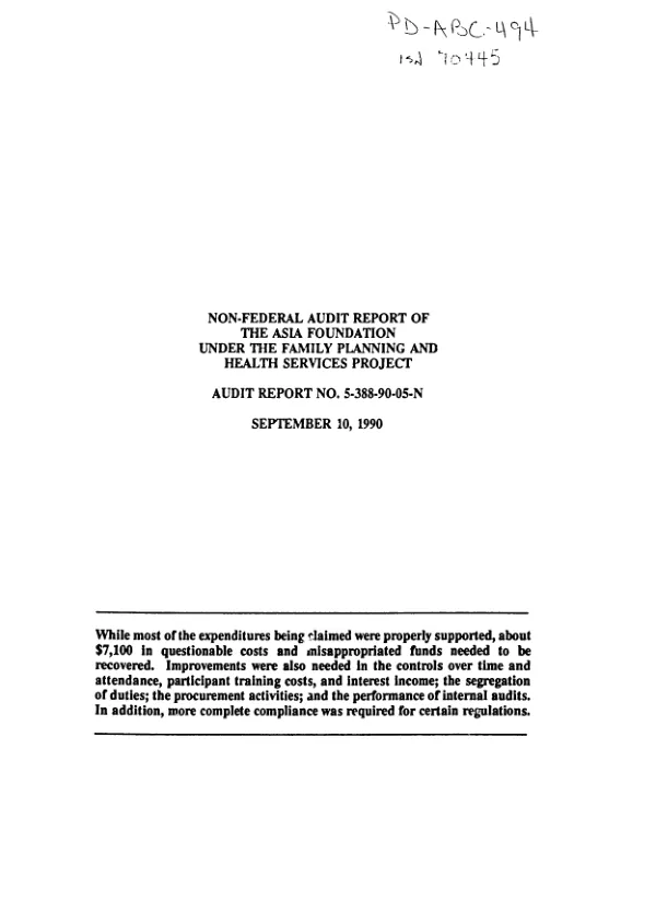 Non-federal audit report of The Asia Foundation under the family planning and health services project