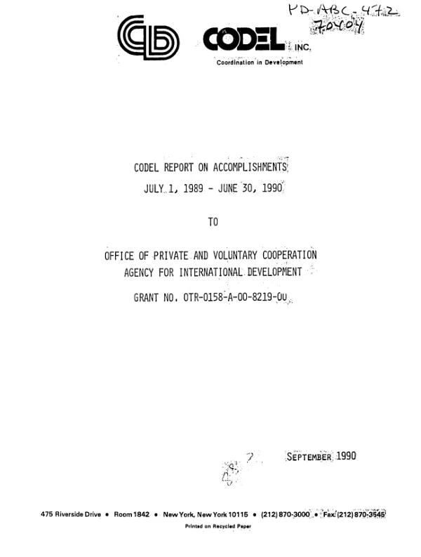 CODEL report on accomplishments, July 1, 1989-June 30, 1990 to Office of Private and Voluntary Cooperation, Agency for International Development, grant no. OTR-0158-A-00-8219-00