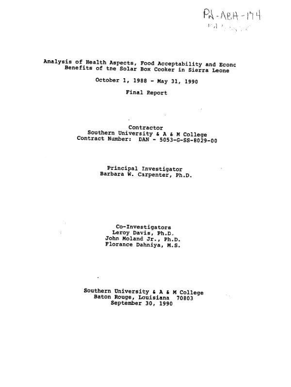 Analysis of health aspects, food acceptability and economics benefits of the solar box cooker in Sierra Leone -- October 1, 1988-May 31, 1990 : final report