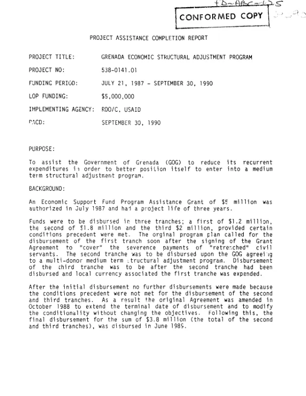 Project assistance completion report : Grenada economic structural adjustment program