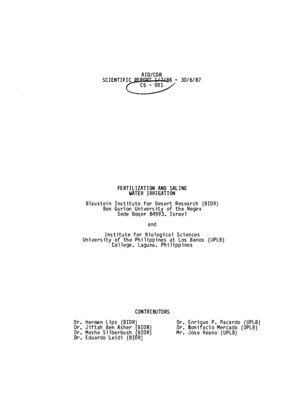 AID/CDR scientific report 1/7/86-30/6/87, C5-001 : fertilization and saline water irrigation