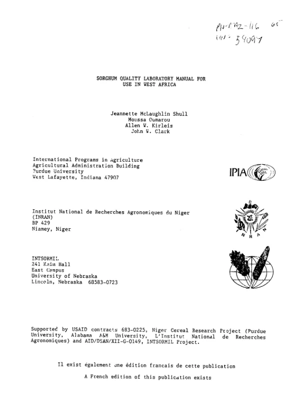 Sorghum quality laboratory manual for use in West Africa