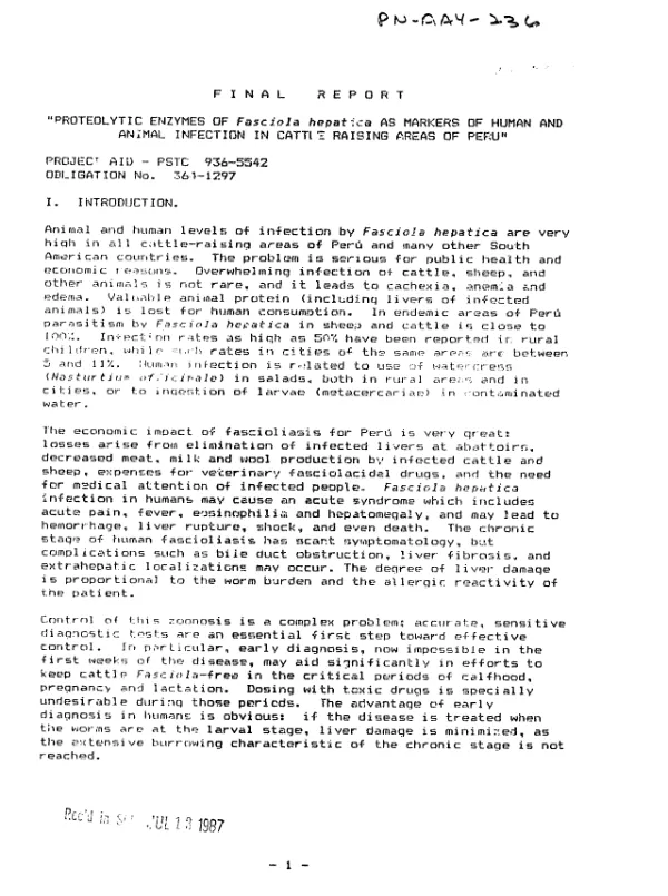 Final report : `proteolytic enzymes of Fasciola hepatica as markers of human and animal infection in cattle raising areas of Peru"