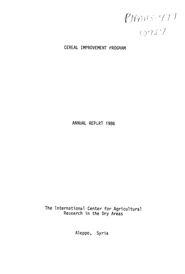 Cereal improvement program : annual report for 1986