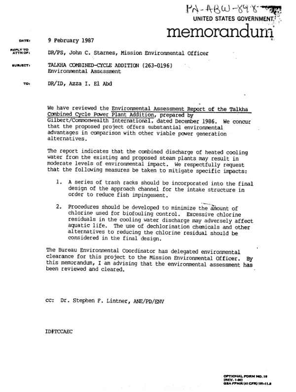 Environmental assessment report of the Talkha Combined Cycle Power Plant addition