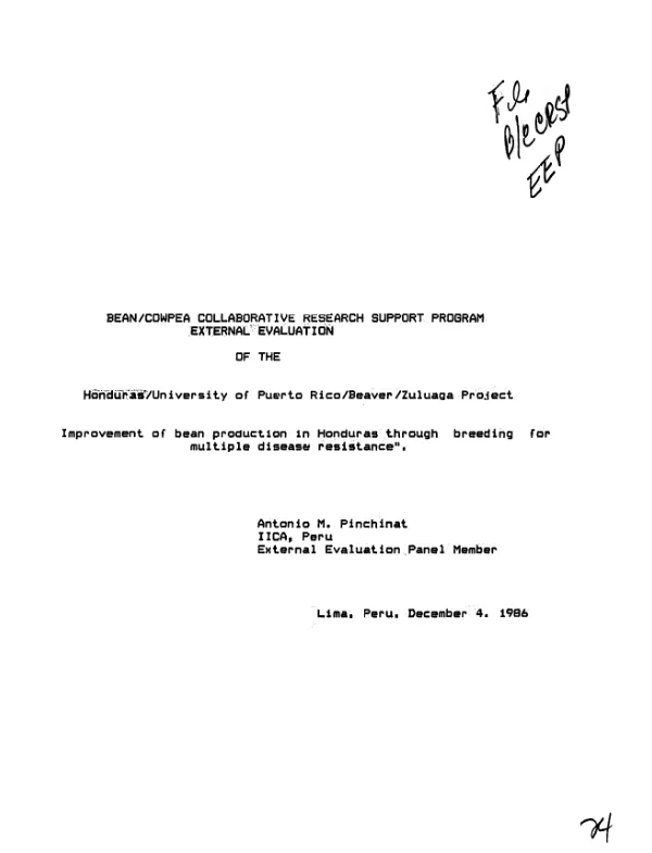 Bean/cowpea collaborative research support program external evaluation of the Honduras/University of Puerto Rico/Beaver/Zuluaga project : improvement of bean production in Honduras through breeding for multiple disease resistance