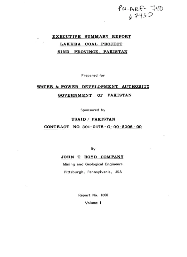 Executive summary report : Lakhra coal project [mining feasibility], Sind Province, Pakistan -- volume 1