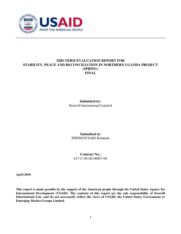 Mid-term evaluation report for stability, peace, and reconciliation in northern Uganda project (SPRING) final