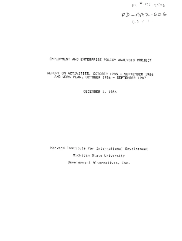 Employment and enterprise policy analysis project : report on activities, October 1985-September 1986 and work plan, October 1986-September 1987