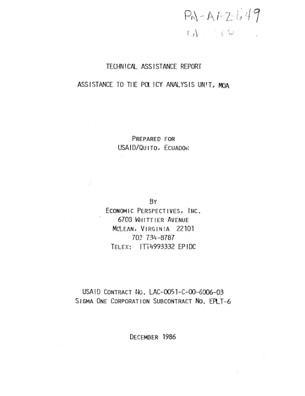 Technical assistance report : assistance to the policy analysis unit, MOA