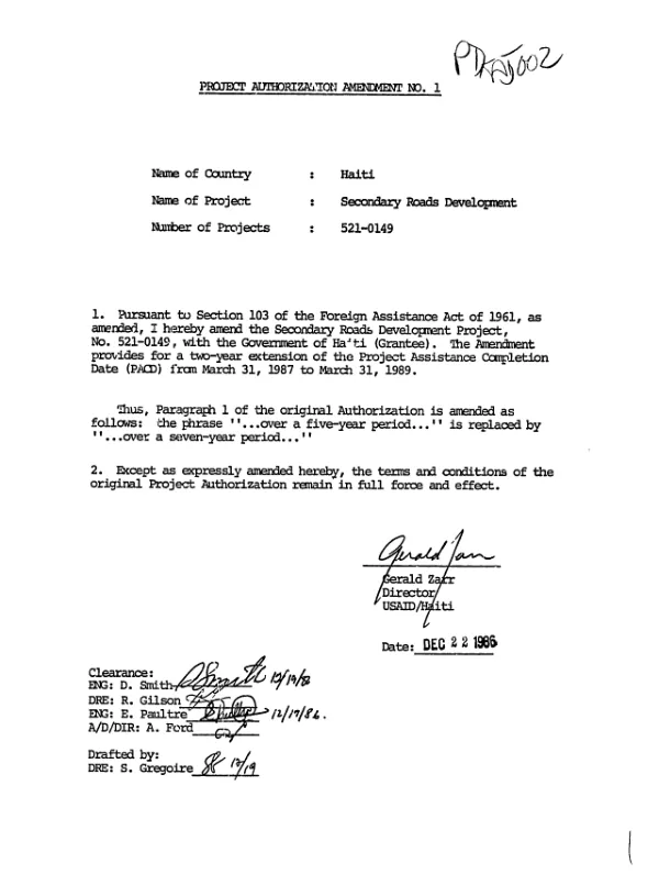 Project authorization amendment no. 1, secondary roads development