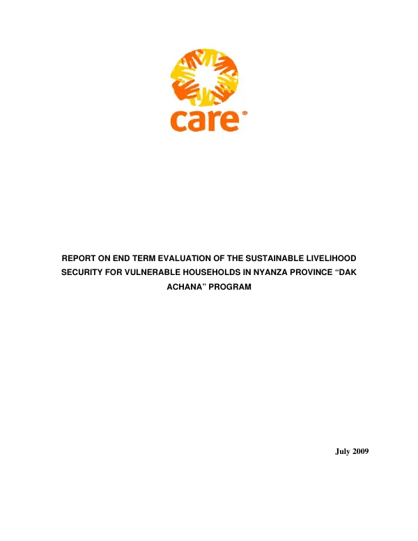 Report on end term evaluation of the sustainable livelihood security for vulnerable households in Nyanza Province 'Dak Achana' program : [October 2003-September 2009]