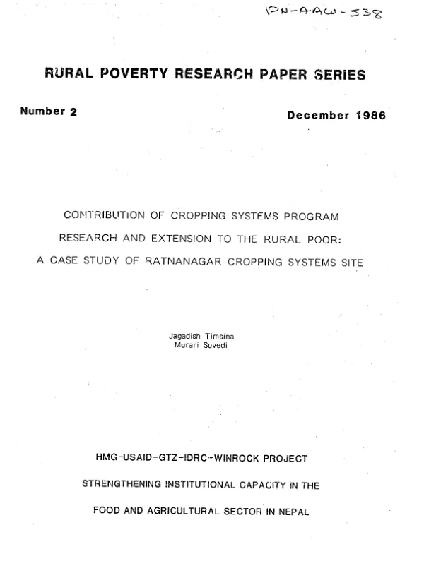 Contribution of cropping systems program research and extension to the rural poor : a case study of Ratnanagar cropping systems site