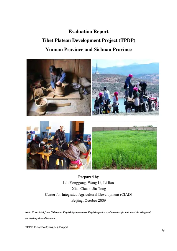Evaluation report : Tibet plateau development program (TPDP), Yunnan Province and Sichuan Province