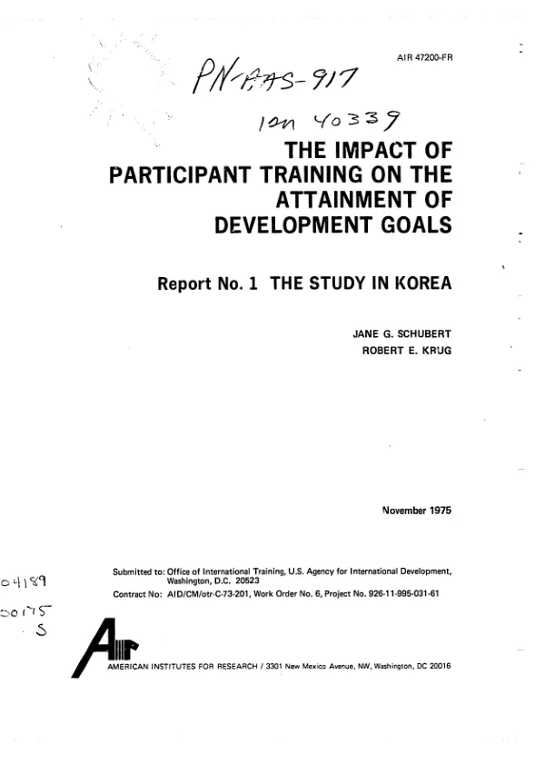 Impact of participant training on the attainment of development goals : report no. 1, study in Korea