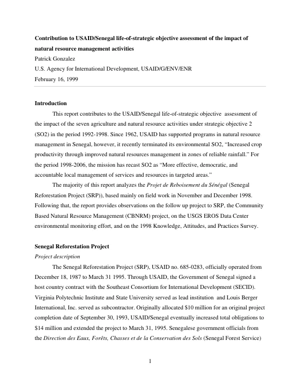 Contribution to USAID/Senegal life-of-strategic objective assessment of the impact of natural resource management activities