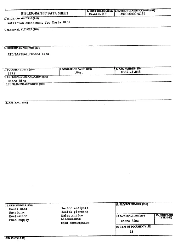 NUTRITION ASSESSMENT FOR COSTA RICA