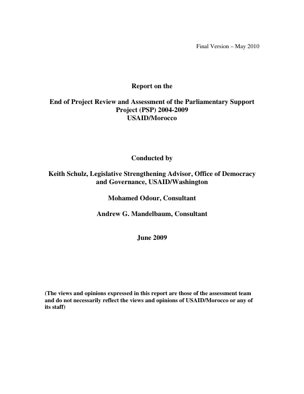 Report on the end of project review and assessment of the parliamentary support project (PSP) 2004-2009, USAID/Morocco