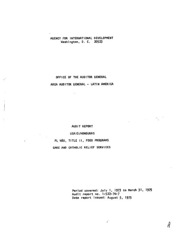 Audit report : USAID/Honduras PL 480, Title II, food programs : CARE and Catholic Relief Services