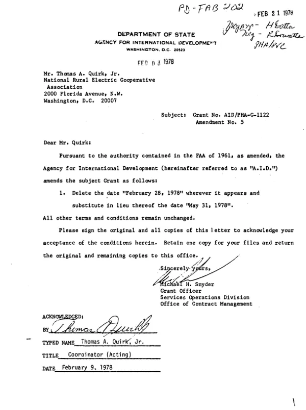 AID grant no. AID/PHA-G-1122 to the National Rural Electric Cooperative Association to expand its capabilities in the areas of management, program and project design analysis and evaluation in order to increase its effectiveness in program planning in developing countries