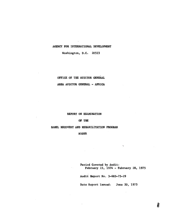 Report of the examination of the Sahel recovery and rehabilitation program, Niger