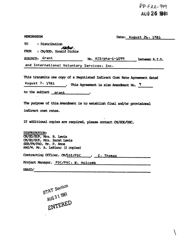 AID grant no. AID/PHA-G-1099 to the International Voluntary Services, Inc. to institutionalize program planning, project design, program and project evaluation capacity as a part of its programming system