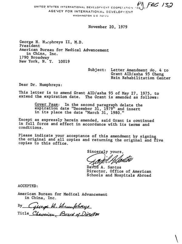 Grant by the United States of America to American Bureau for Medical Aid to China, Inc. for the Cheng Hsin Rehabilitation Center