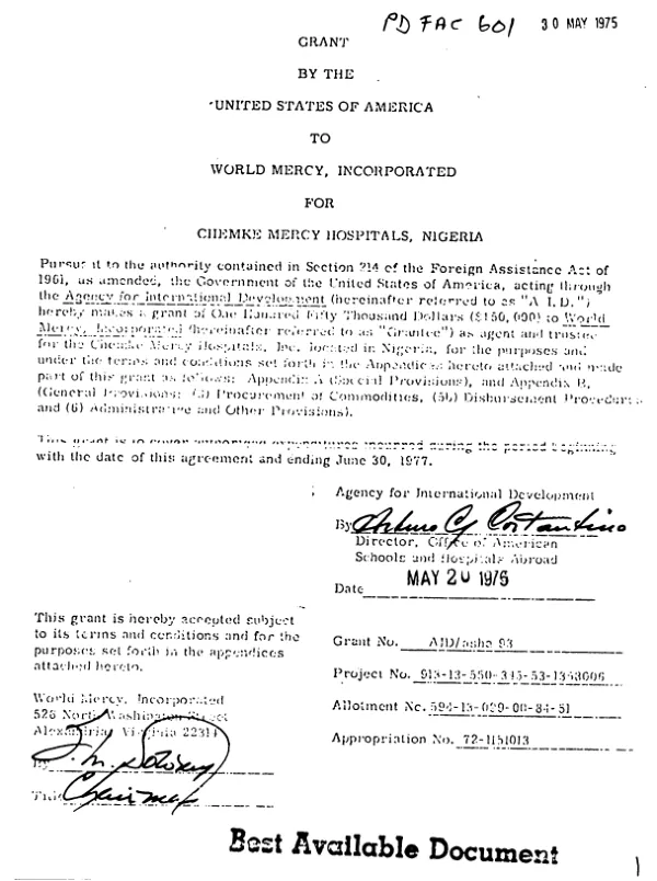 Grant by the United States of America to World Mercy, Incorporated for Chemke Mercy Hospitals, Nigeria