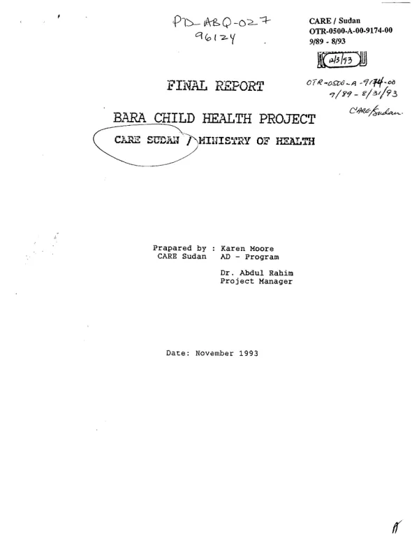 Final report : Bara child health project -- CARE Sudan/Ministry of Health