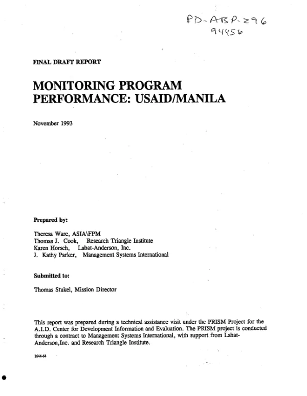 Final draft report : monitoring program performance : USAID/Manila