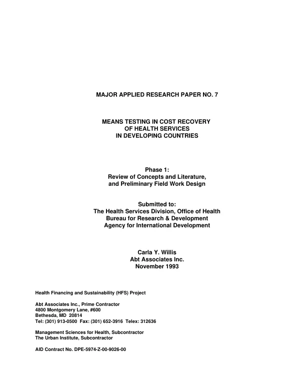 Means testing in cost recovery of health services in developing countries -- phase 1 : review of concepts and literature, and preliminary field work design