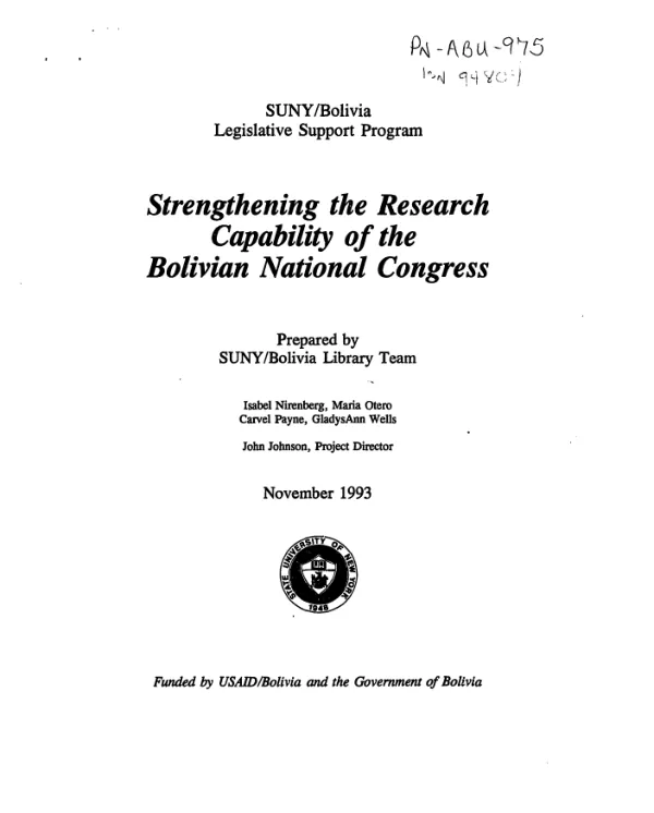SUNY [State University of New York]/Bolivia legislative support program : strengthening the research capability of the Bolivian National Congress