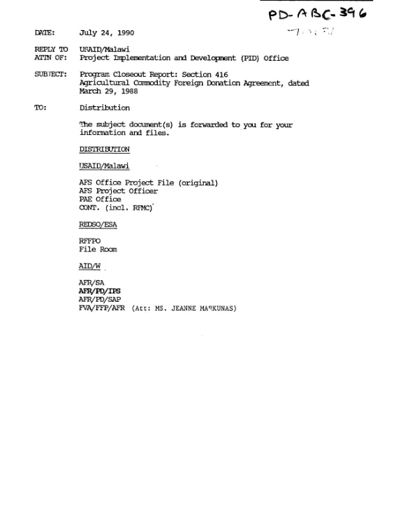 Malawi : program close-out report [: section 416 United States Government agricultural commodity foreign donation agreement -- yellow corn, 28,500 metric tons]