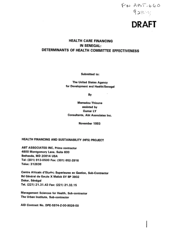 Health care financing in Senegal : determinants of health committee effectiveness